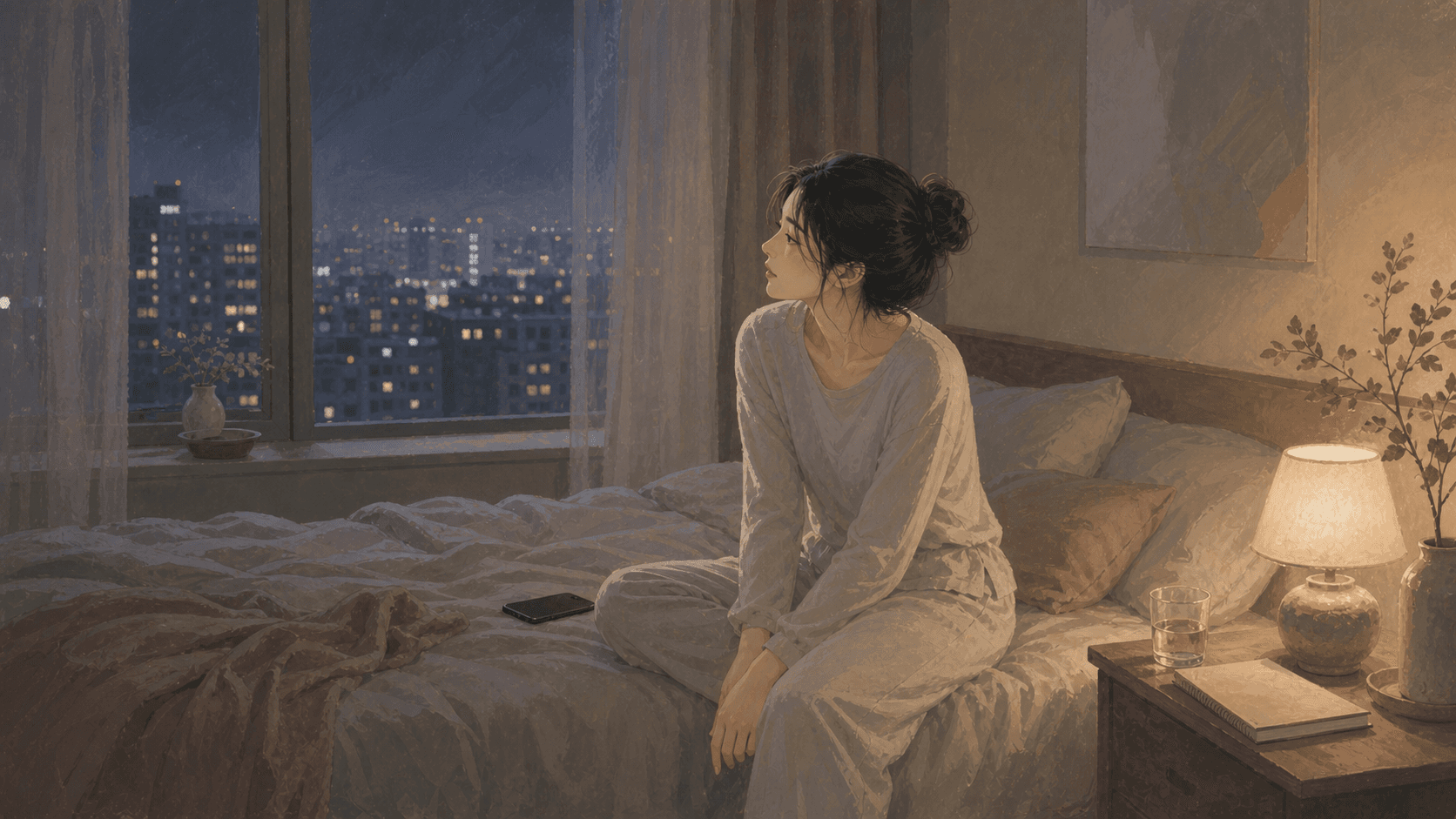 夜晚臥室裡成年女性坐在床邊看著窗外城市燈光,桌上有空白筆記本與溫水,呈現想太多、睡前思緒與安全感的插畫情境
