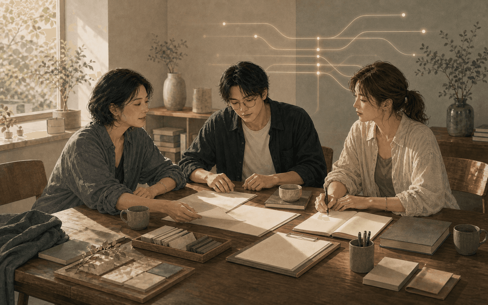 共同工作室裡兩位成年女性整理合約、樣品與帳本,午後自然光照在桌面上,呈現比劫在工作裡的合作、競爭與合夥界線