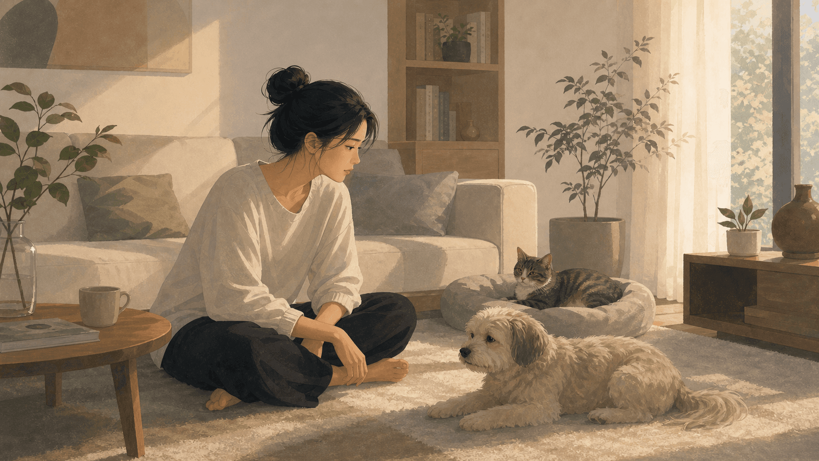 午後客廳裡,一位女性坐在地毯上觀察貓與狗安靜休息,呈現寵物作為家人與陪伴關係的插畫
