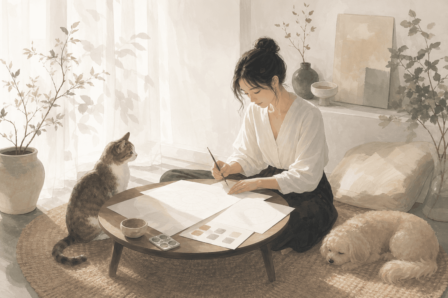 柔和插畫風的現代公寓裡,女性坐在地毯上陪伴貓和小狗,桌上有空白命盤紙張與低飽和五行色卡