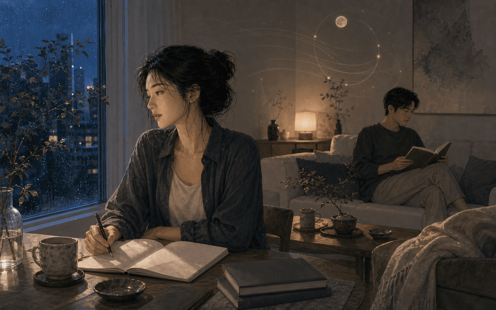 柔和現代生活場景中成年女性與伴侶安靜互動,呈現偏印在八字感情裡的敏銳、觀察、獨處需求與不容易說出口的心事