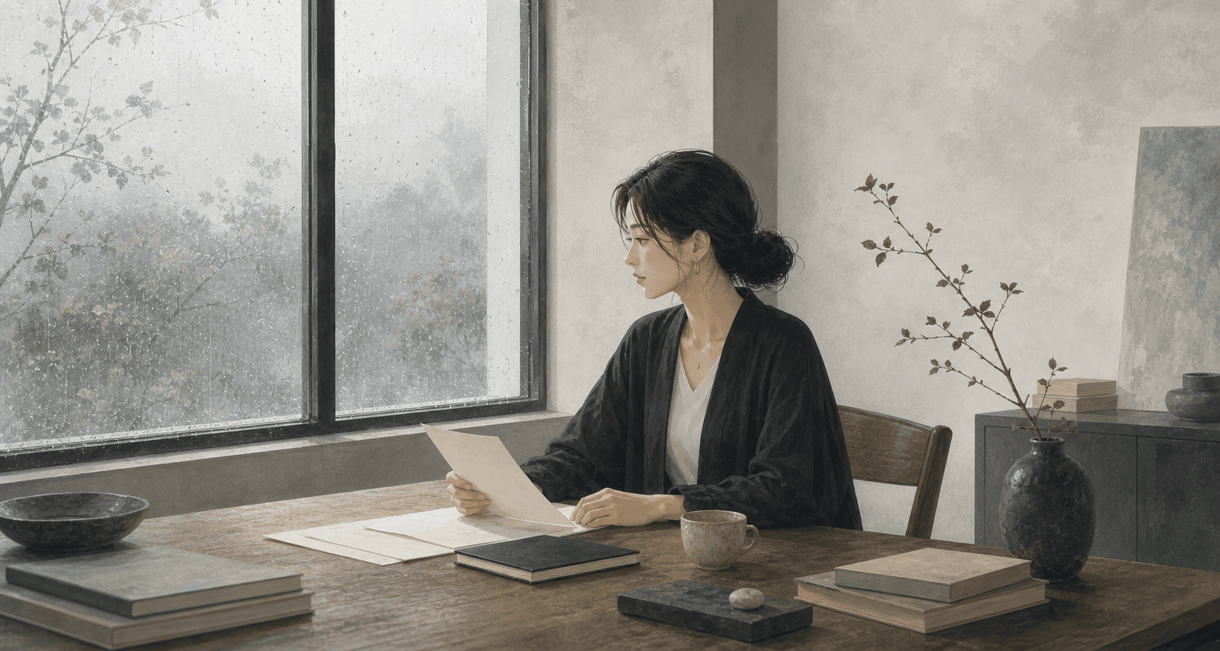 雨後清晨的安靜書房,成年女性坐在窗邊整理筆記與素面紙張,呈現偏印的直覺、距離感與精神世界插畫情境