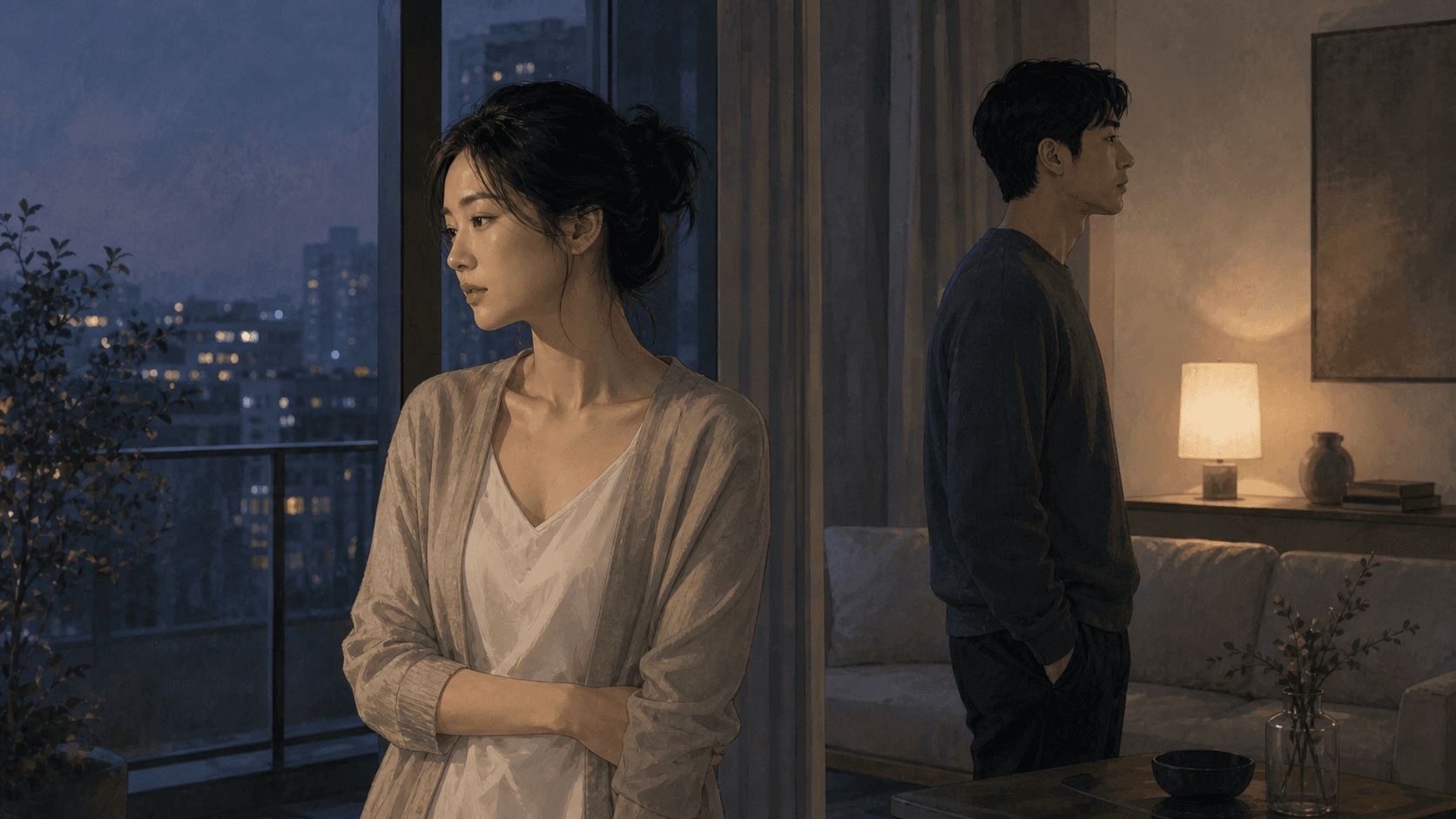 傍晚公寓陽台旁,成年女性與伴侶保持一段距離,各自沉思,呈現八字感情壓力與相處消耗