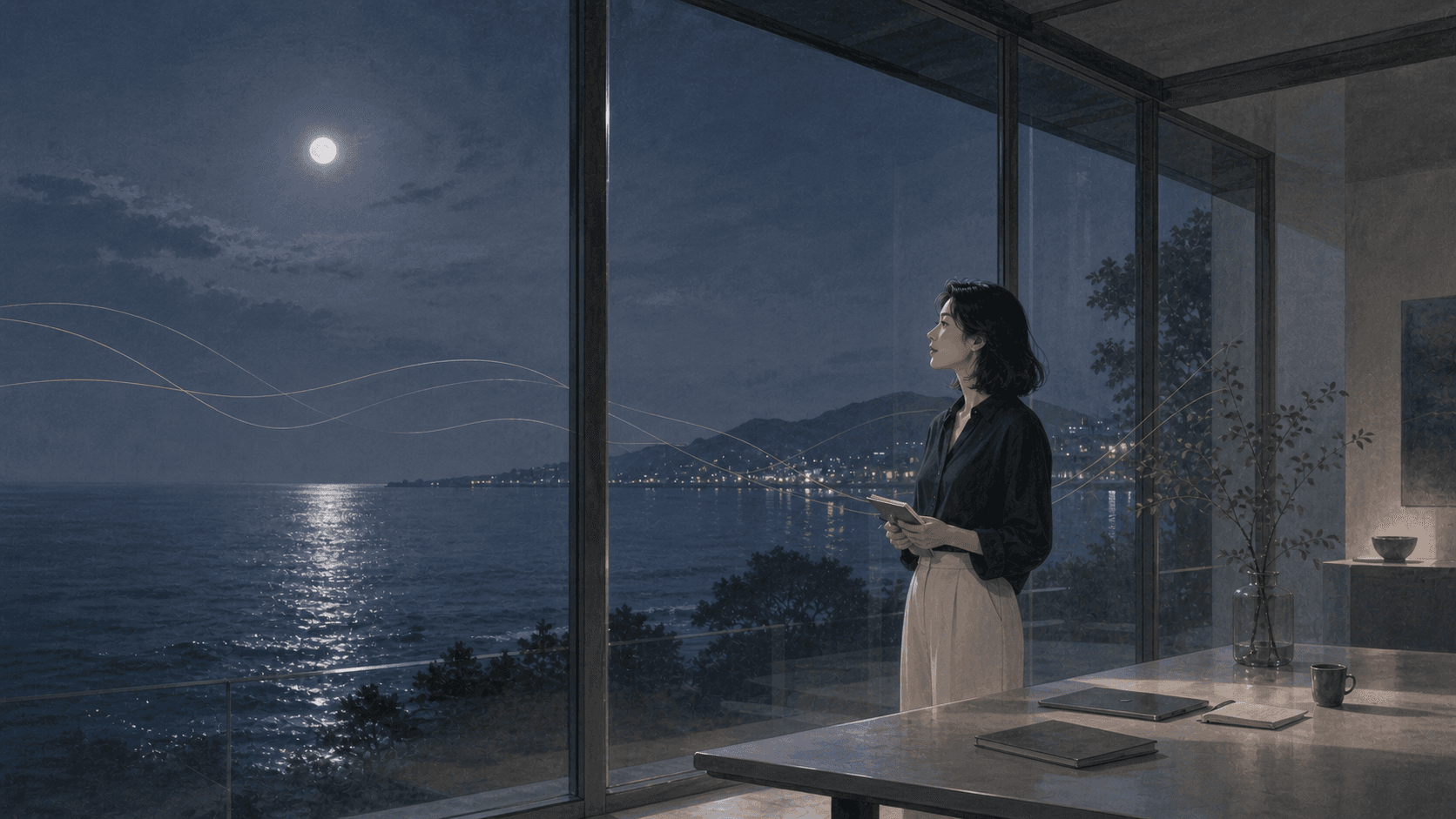 夜晚海邊玻璃屋裡成年女性看著海面與筆電資料,呈現壬水日主視野、流動與資訊感的插畫情境