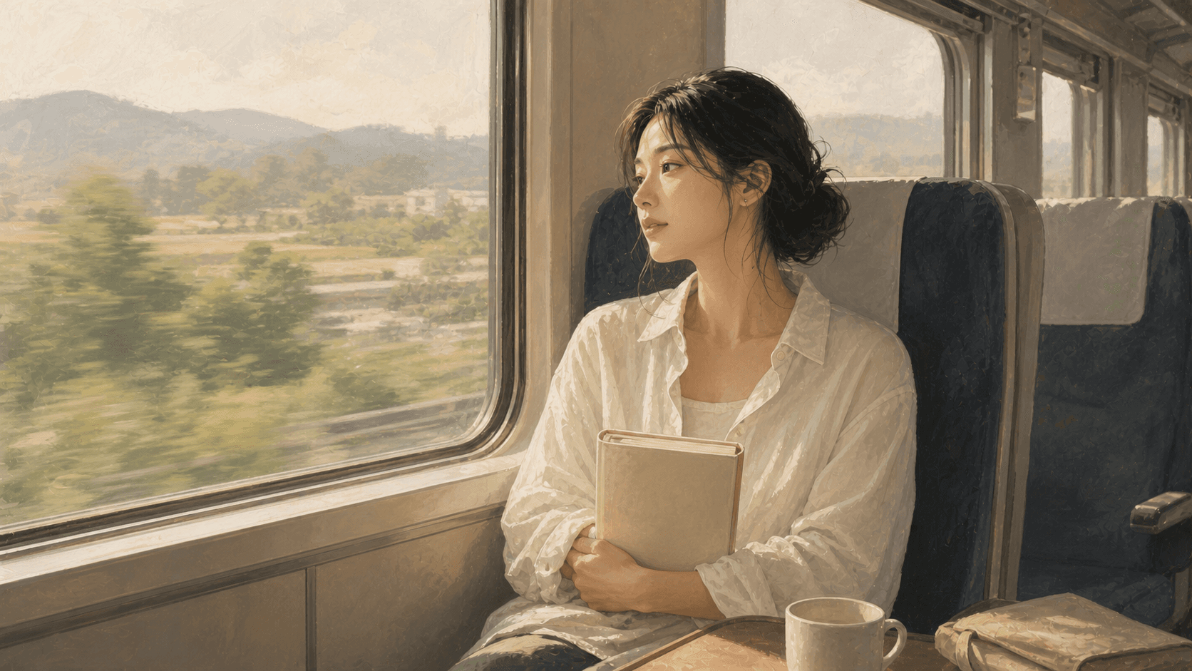 午後火車車廂窗邊成年女性握著空白筆記本看向窗外,呈現關係裡容易自責、反覆回想對話的插畫情境