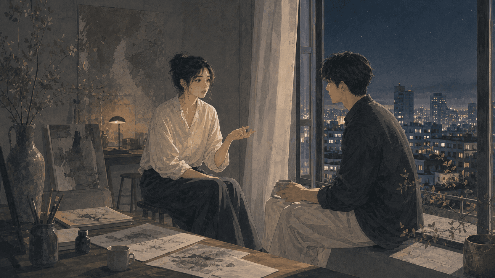 夜晚城市陽台上,成年女性與伴侶保持距離對話,呈現傷官感情、真實表達與相處壓力