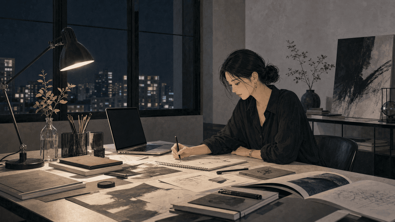 夜晚城市工作室中,成年女性在大桌前整理作品草圖與筆記,呈現傷官的表達力、敏銳與個人風格插畫情境