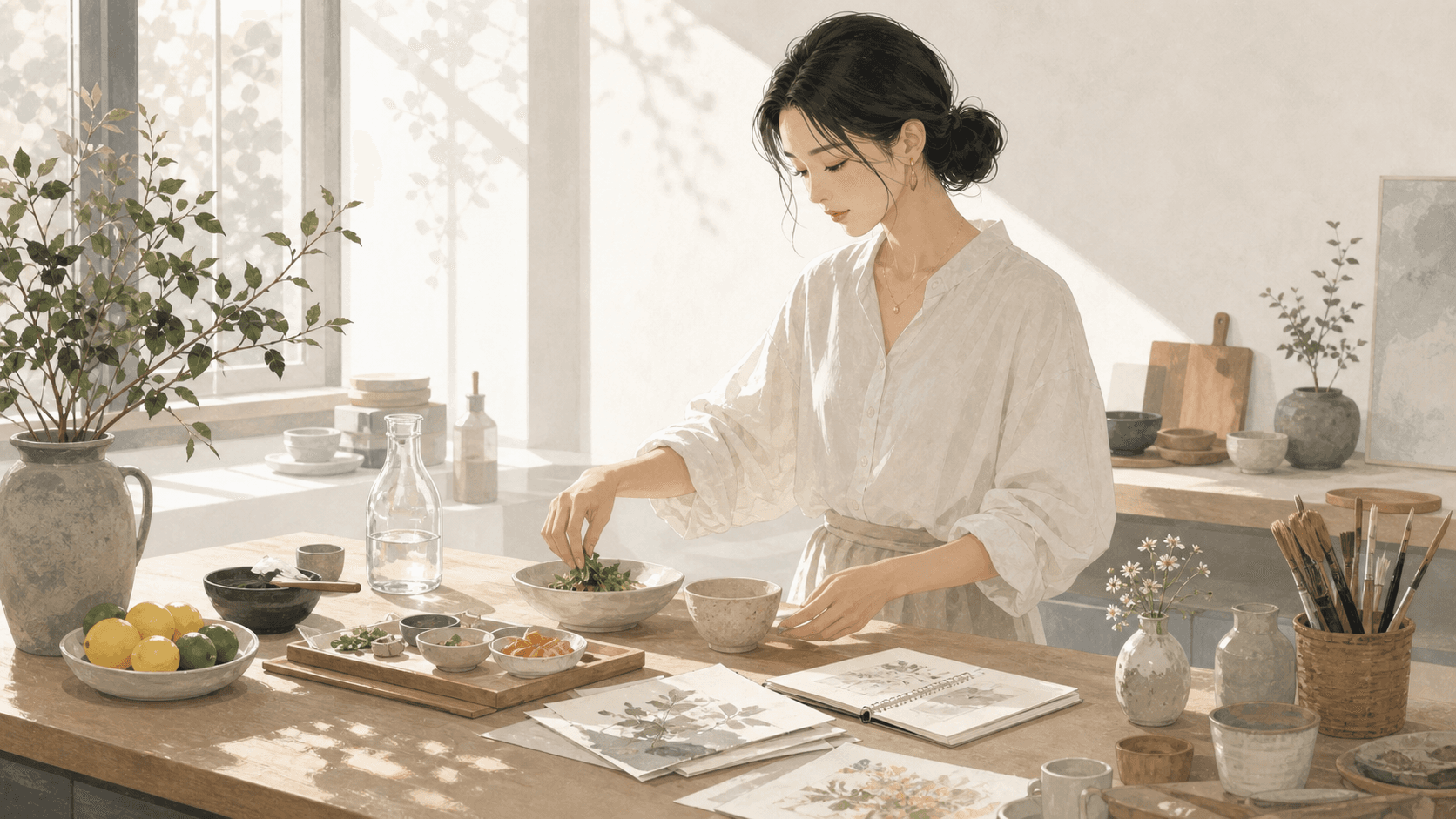 午後明亮廚房工作室裡,成年女性整理食材、筆記和陶瓷器皿,呈現食神的生活感、才華與穩定輸出插畫情境