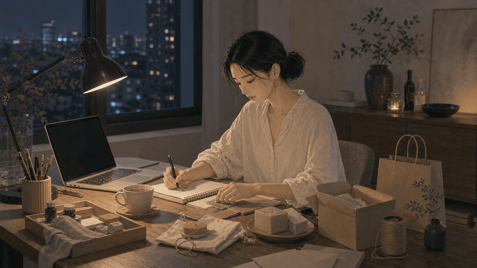 夜晚小公寓工作桌前,成年女性整理筆記、樣品與筆電,呈現副業累積作品、客戶與信任的插畫情境
