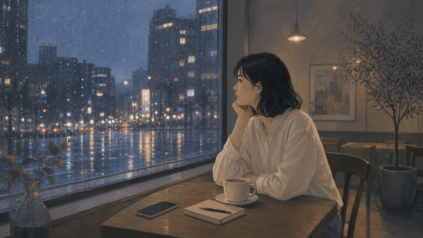 夜晚城市咖啡館窗邊成年女性把手機反扣在桌上,看向窗外霓虹與雨光,呈現社群比較焦慮的插畫
