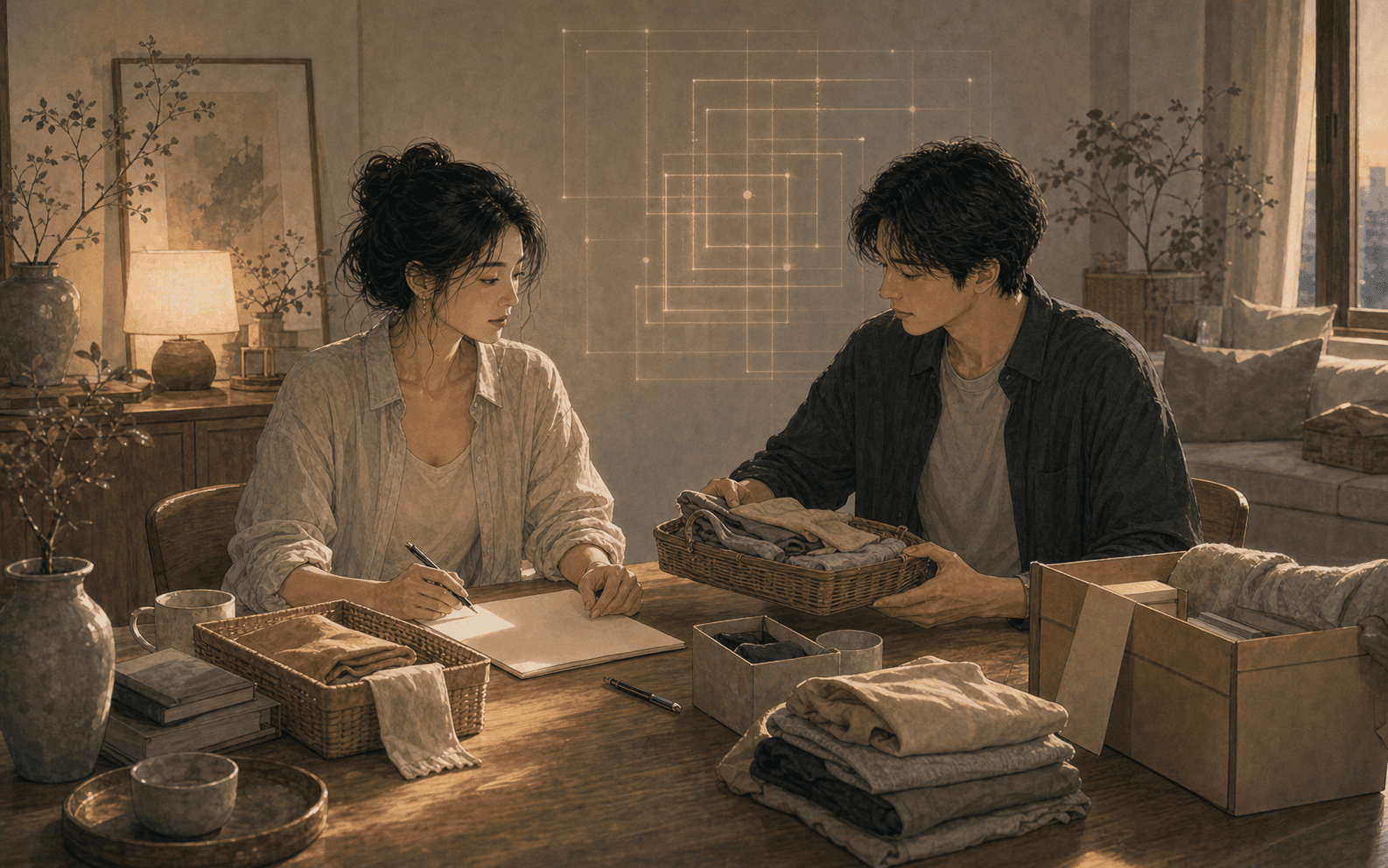 柔和現代生活場景中成年女性與伴侶安靜互動,呈現辰戌丑未在八字感情裡的現實感、承接、家庭議題、累積壓力與生活安排