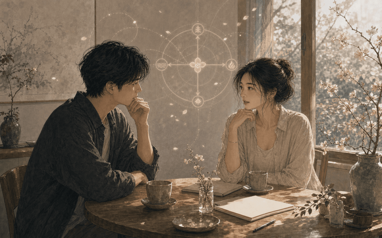 柔和現代生活場景中成年女性與伴侶安靜互動,呈現子午卯酉在八字感情裡的桃花感、敏感度、吸引力與關係裡的情緒反應