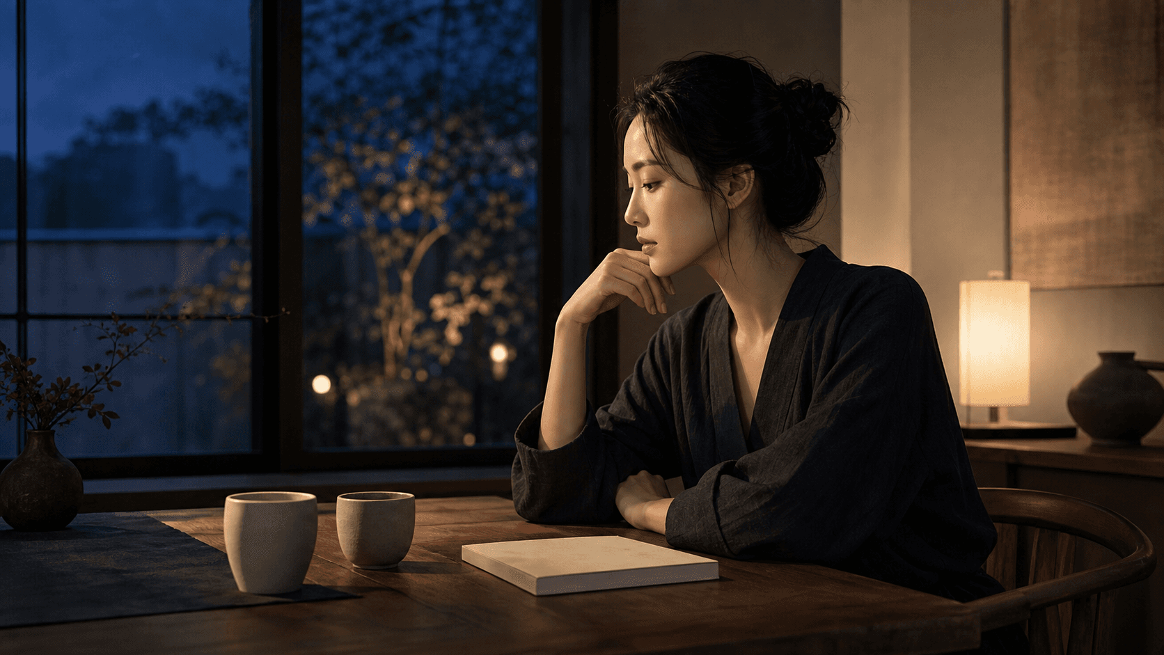 安靜書房裡,成年女性看著兩只素面茶杯與空白筆記,呈現配偶星、關係期待與伴侶特質