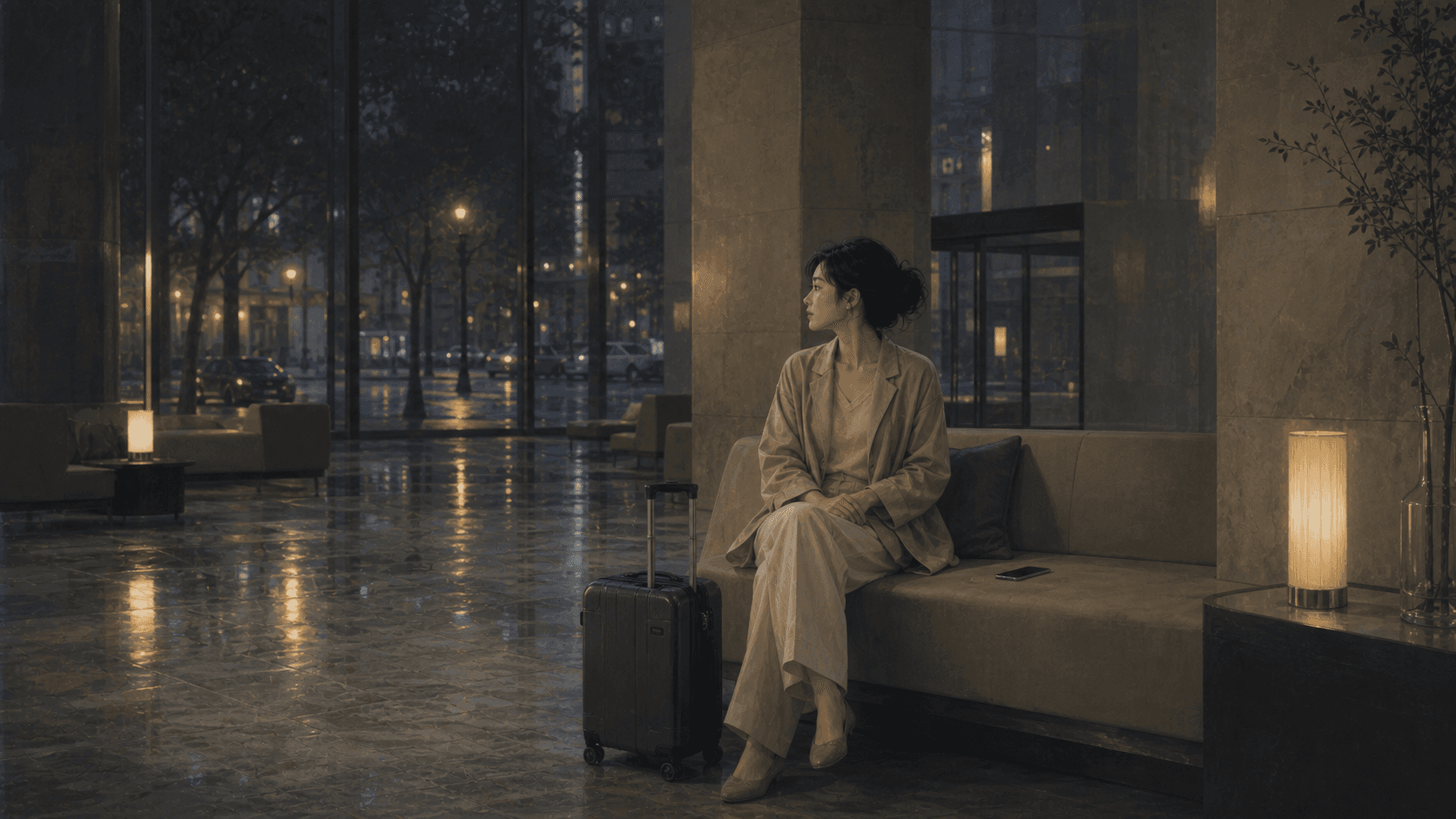 雨夜飯店大廳裡成年女性坐在沙發旁,手機放在一旁,呈現對方突然冷淡後的安靜等待感