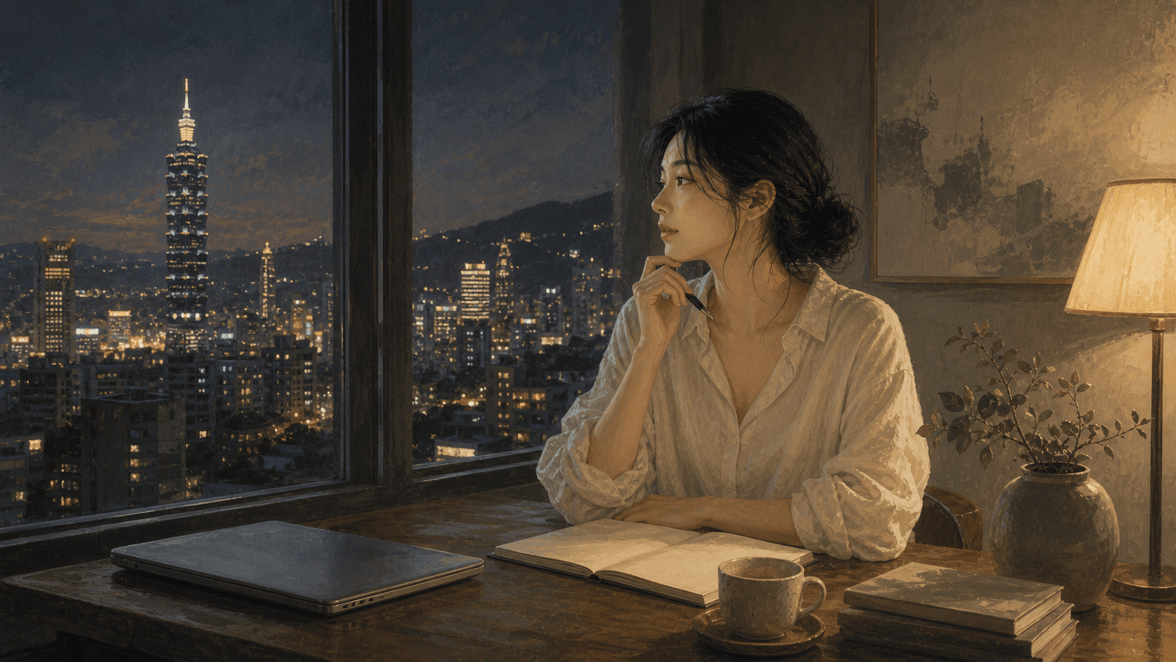 夜晚高樓窗邊成年女性看著空白筆記與城市光影,呈現 2026 台股高點焦慮與市場心理的插畫情境