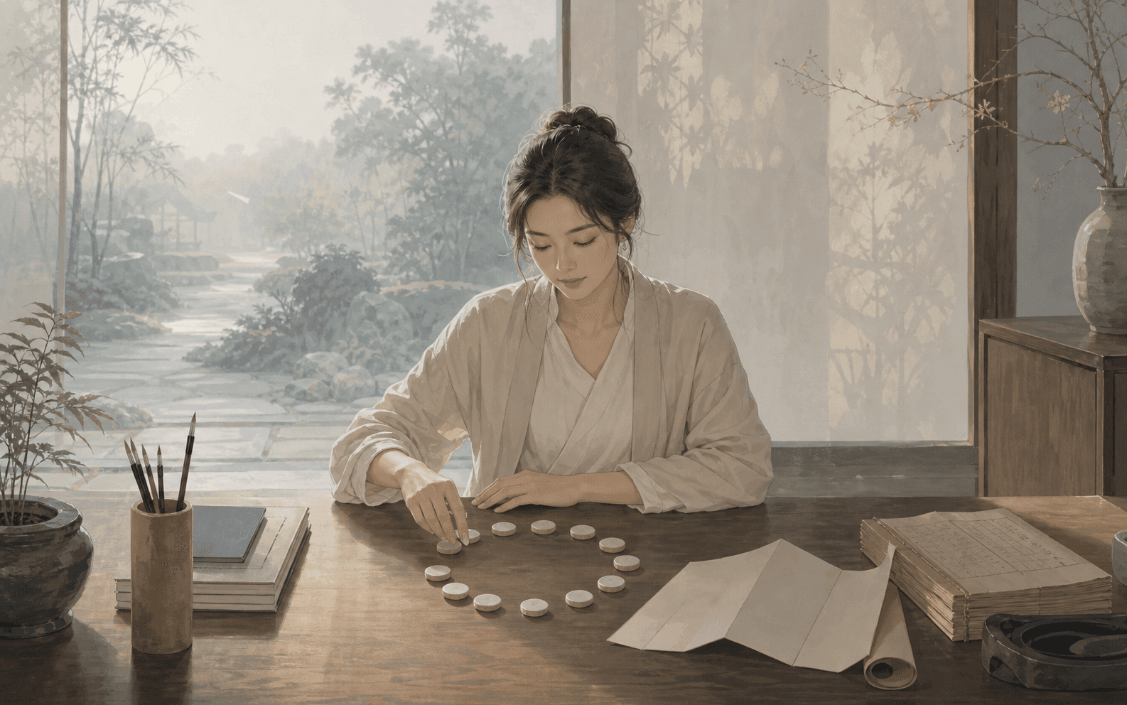 現代女性在極簡書案前閱讀傳統曆法卷冊,窗外晨光與十二個淡墨圓點沿著紙面流動的命理插畫