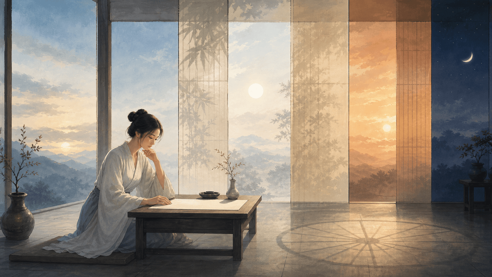 十二時辰意象插畫,清晨、正午、黃昏與夜晚光影在同一幅畫中流動,無文字