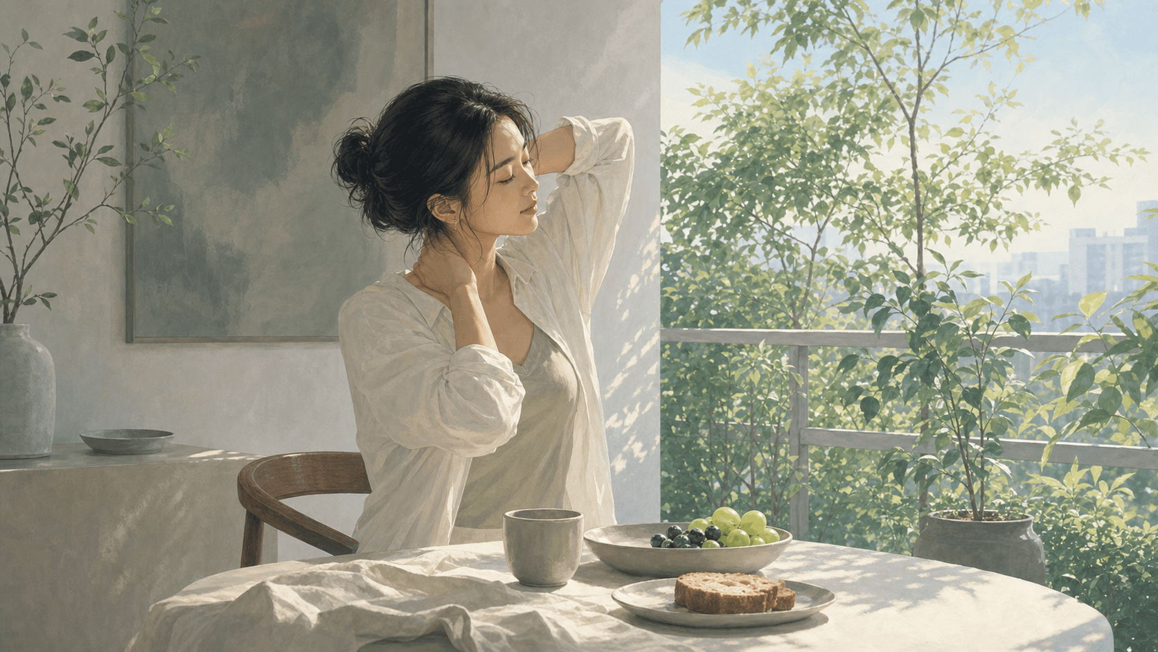 清晨綠意陽台旁,成年女性做溫和伸展,桌上有清淡早餐與茶杯,呈現五行木旺的情緒、肩頸與生活伸展