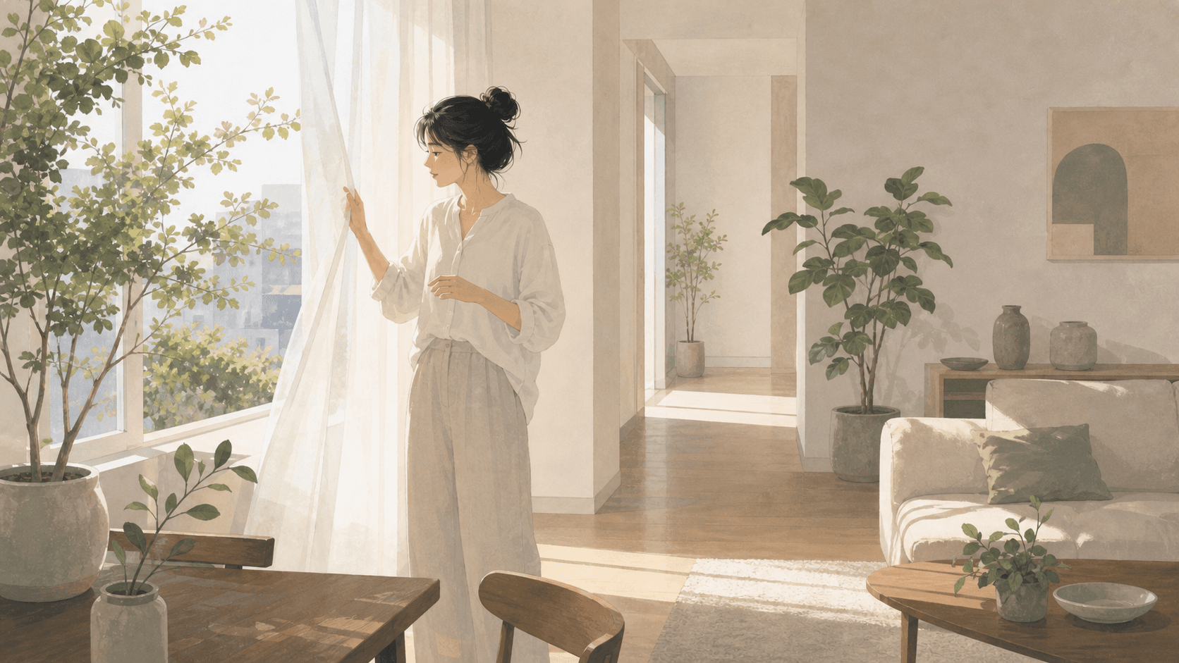 清晨明亮公寓中,一位女性拉開窗簾,空間有植物、木質家具與留白動線,呈現木旺居家風格
