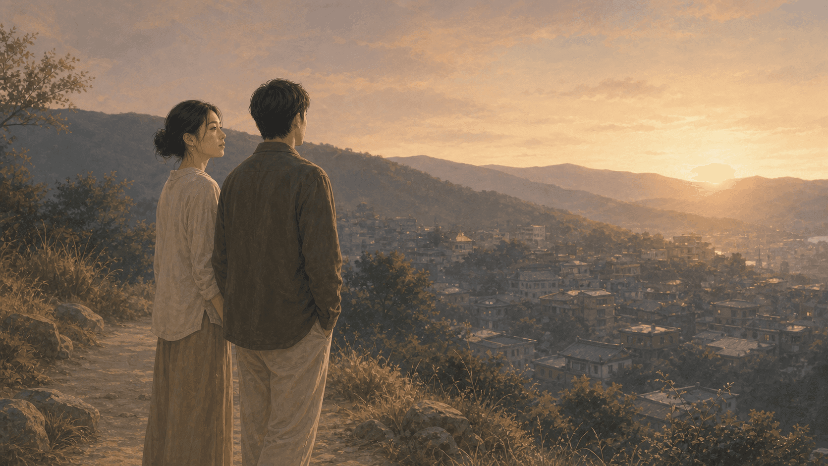 山城夕陽步道上,成年女性與伴侶並肩停下看風景,呈現戊土感情裡的可靠、承擔與長期信任