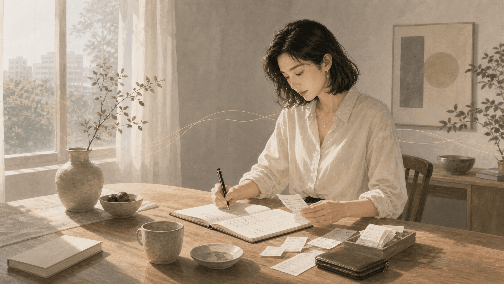午後安靜餐桌旁成年女性整理帳本、收據與日常物件,呈現正財十神的生活秩序、金錢安全感與踏實感