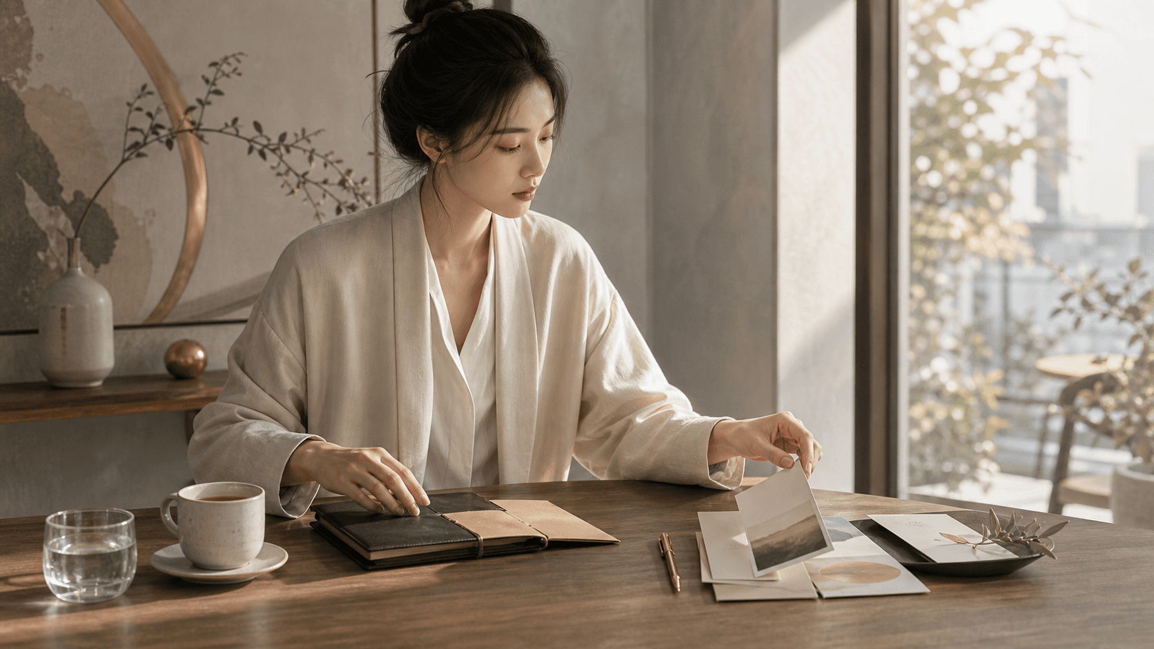 午後窗邊女性整理帳本與提案卡片,呈現正財穩定資源與偏財流動機會差別的現代插畫