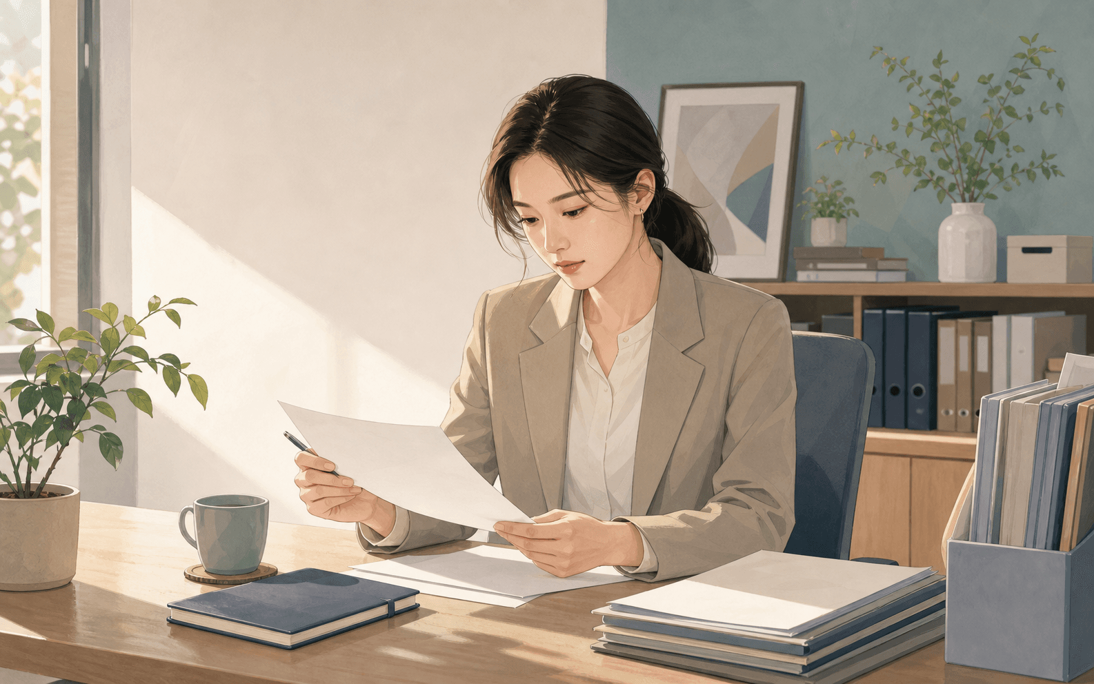 清晨現代工作桌前,成年女性整理空白預算紙、筆記本與資料夾,呈現正財在工作裡的穩定收入、責任感與財務秩序