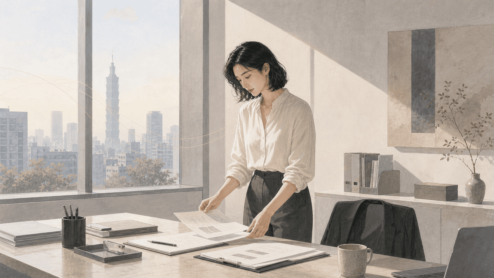 清晨簡潔辦公室裡成年女性整理文件與西裝外套,窗外光線清亮,呈現正官十神的責任感、秩序與專業形象