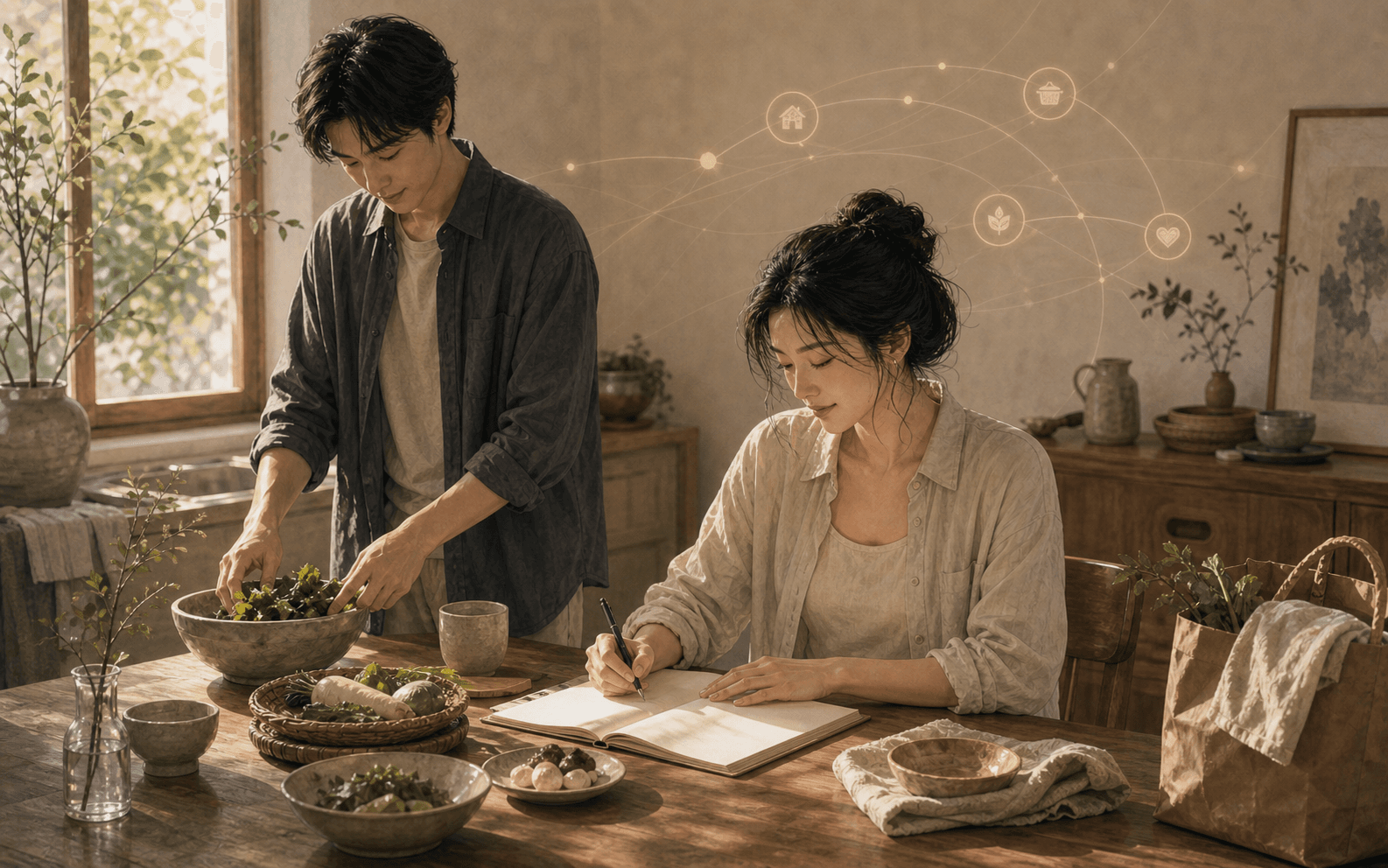 柔和現代生活場景中成年女性與伴侶安靜互動,呈現正財在八字感情裡的穩定投入、生活安排、可靠感與日常經營
