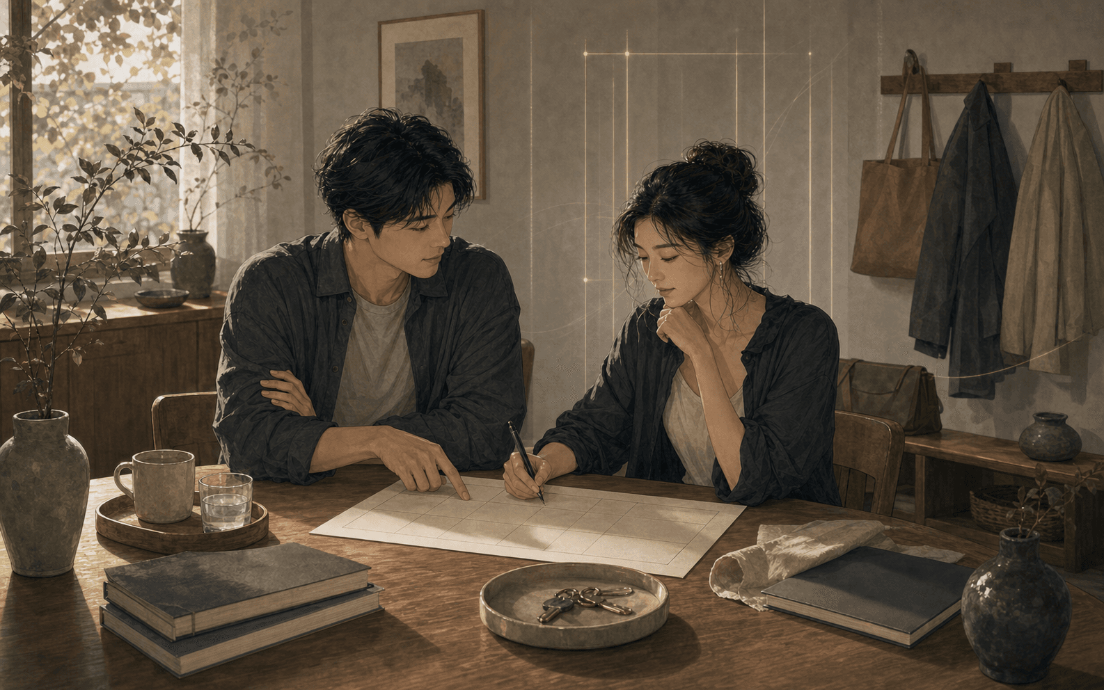 柔和現代生活場景中成年女性與伴侶安靜互動,呈現正官在八字感情裡的承諾、尊重、規則、名分與可靠感