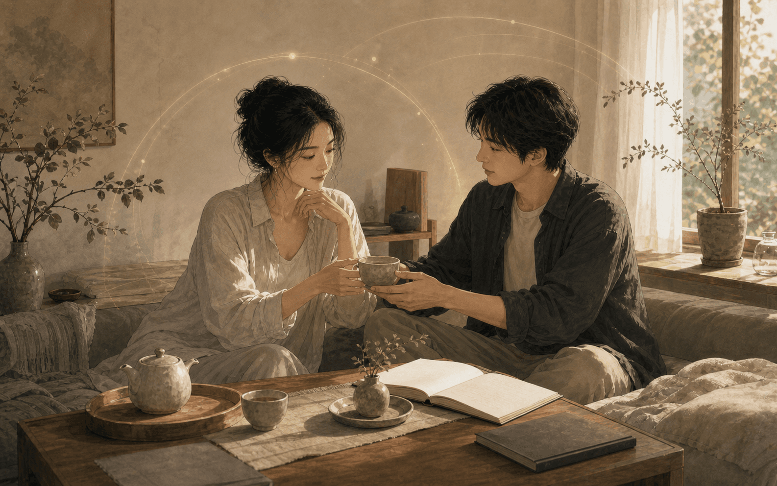 柔和現代生活場景中成年女性與伴侶安靜互動,呈現正印在八字感情裡的照顧感、安全感、理解與穩定依靠